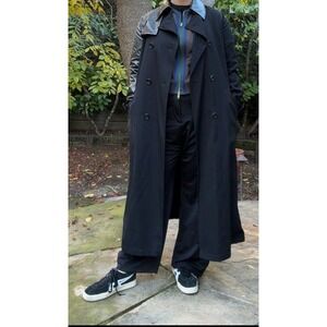 HOMMA Black Wool Trench Coat Leather Accents Avant Garde Design